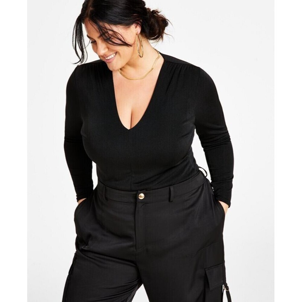 Nina Parker Women's Trendy Plus Size V-Neck Long-Sleeve Fitted Top Black 3X